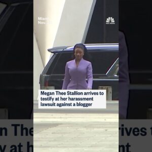 Megan Thee Stallion arrives to testify at her harassment lawsuit against a blogger