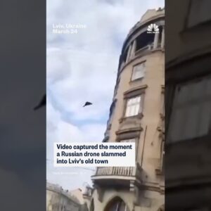 Video captured the moment a Russian drone slammed into Lviv's old town