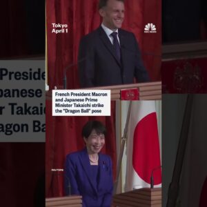 French President Macron and Japanese Prime Minister Takaichi strike the 'Dragon Ball' pose