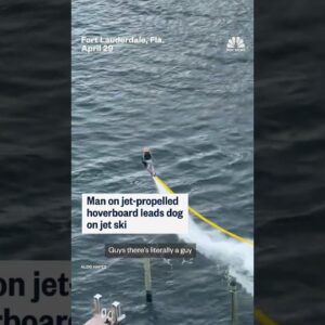 Man on jet-propelled hoverboard leads dog on jet ski