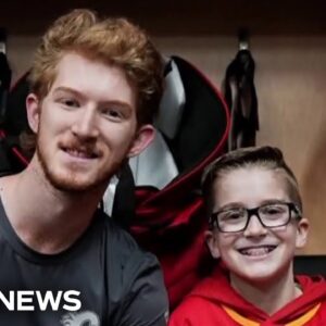 Young hockey fan meets his hockey hero after viral moment