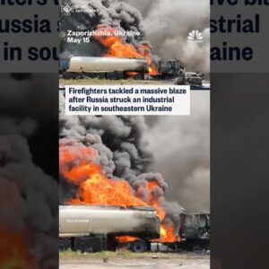 Firefighters tackled a massive blaze after Russia struck an industrial facility in Ukraine