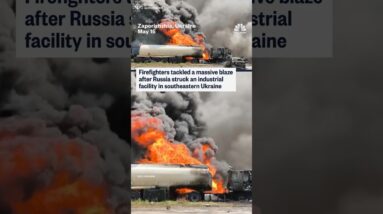 Firefighters tackled a massive blaze after Russia struck an industrial facility in Ukraine